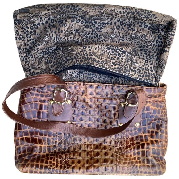 Due Fratelli 2 Strap Brown Leather Tote Shoulder Bag Crocodile Embossed mob wife - Picture 10 of 16